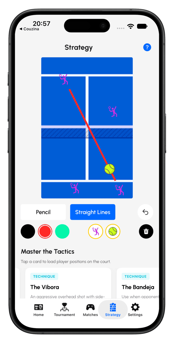 iPhone 上的 Padel Point 战术板画布