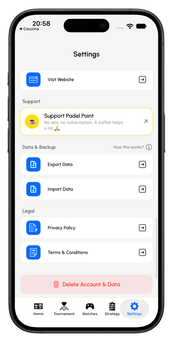 iPhone 上的 Padel Point 数据导出与导入