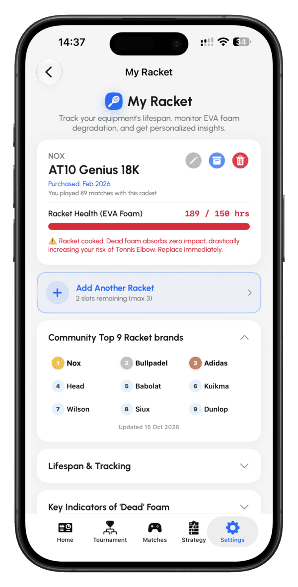 iPhone 上的 Padel Point 球拍寿命追踪