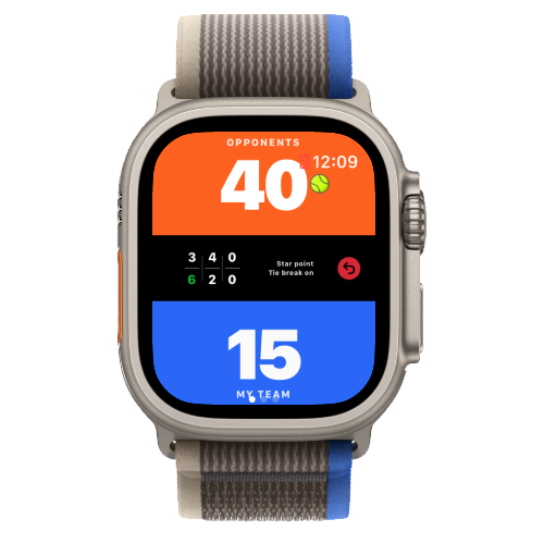 Padel Point 比分页面，球形图标显示谁在发球，Apple Watch