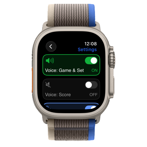 Apple Watch 上的 Padel Point 设置页面：语音选项