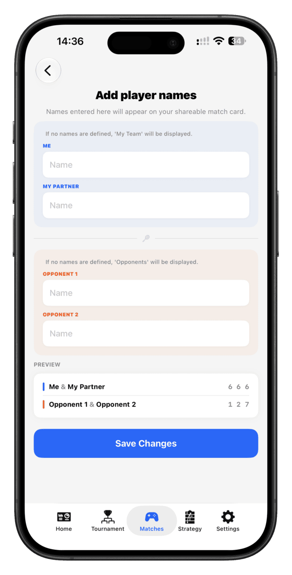 iPhone 上的 Padel Point 标记球员姓名