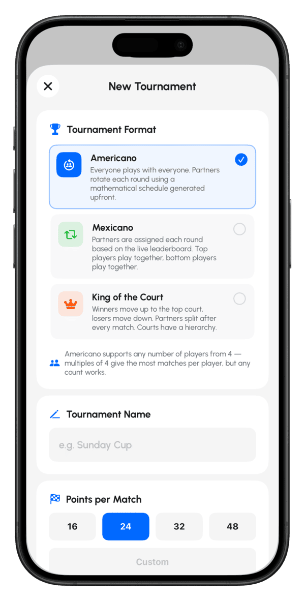 iPhone 上的 Padel Point 赛事赛制