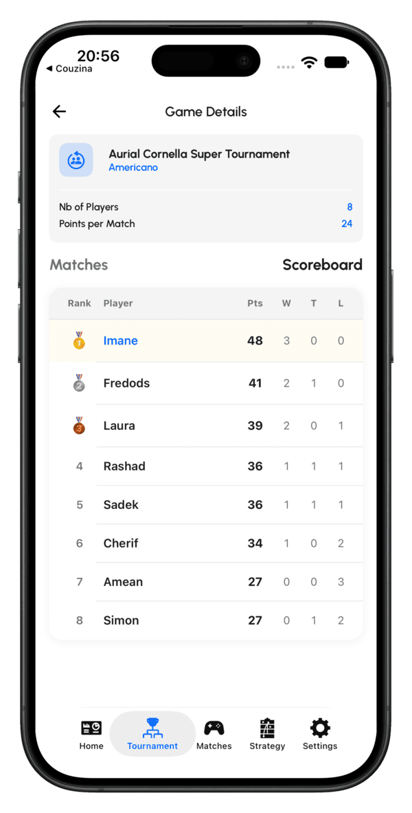 iPhone 上的 Padel Point 赛事排行榜