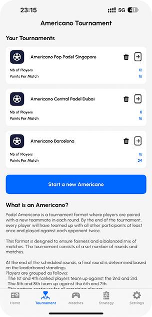 Image of the americano tournament screen of Padel Point on iOS - iPhone and iPad