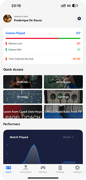 Image of the home screen of Padel Point on iOS - iPhone and iPad