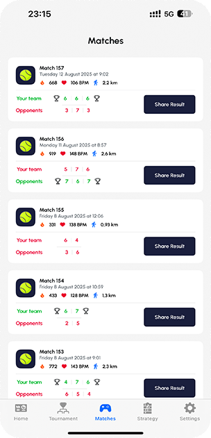 Image of the matches screen of Padel Point on iOS - iPhone and iPad
