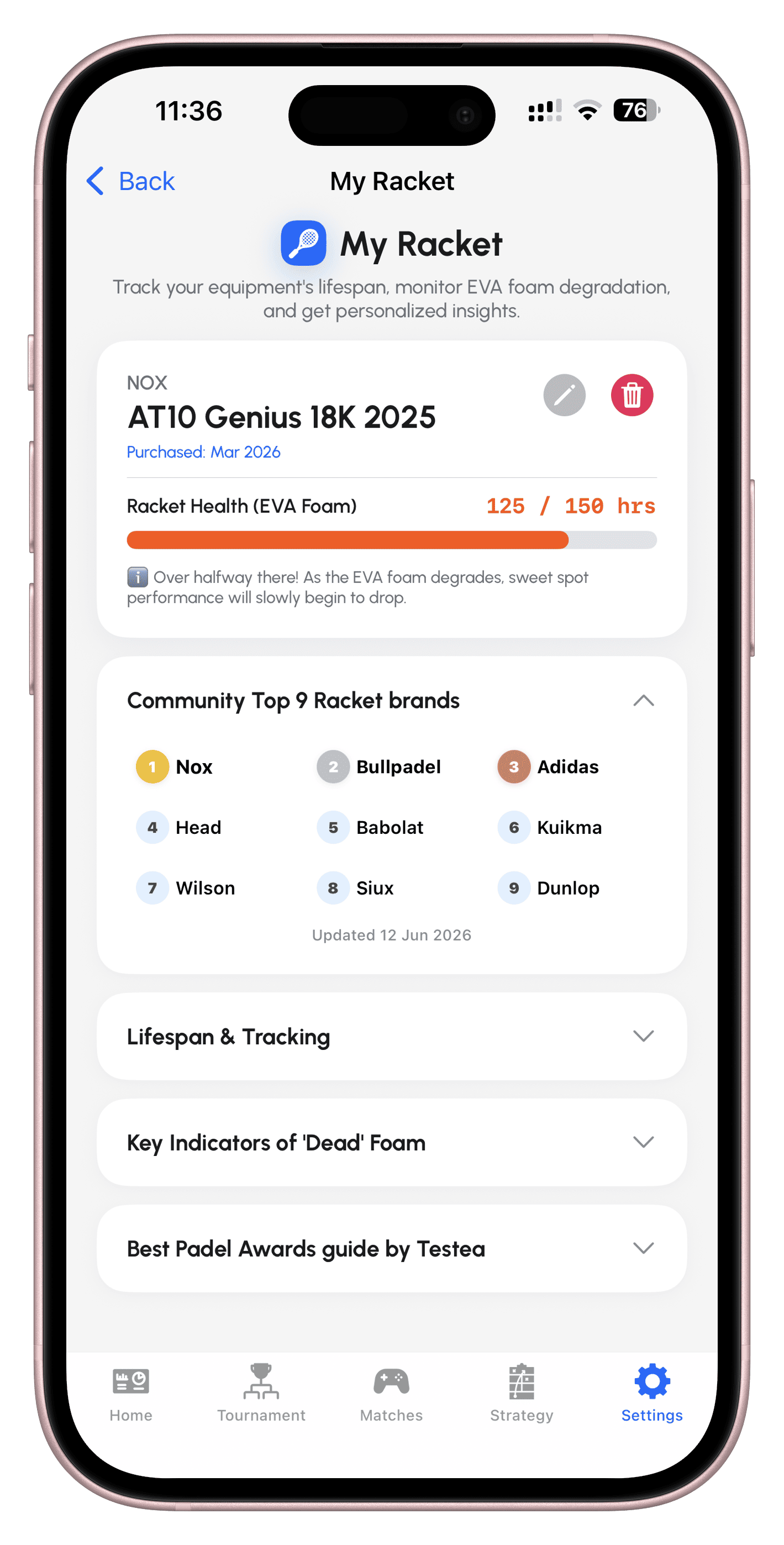 Racket lifetime tracking on iPhone — Padel Point