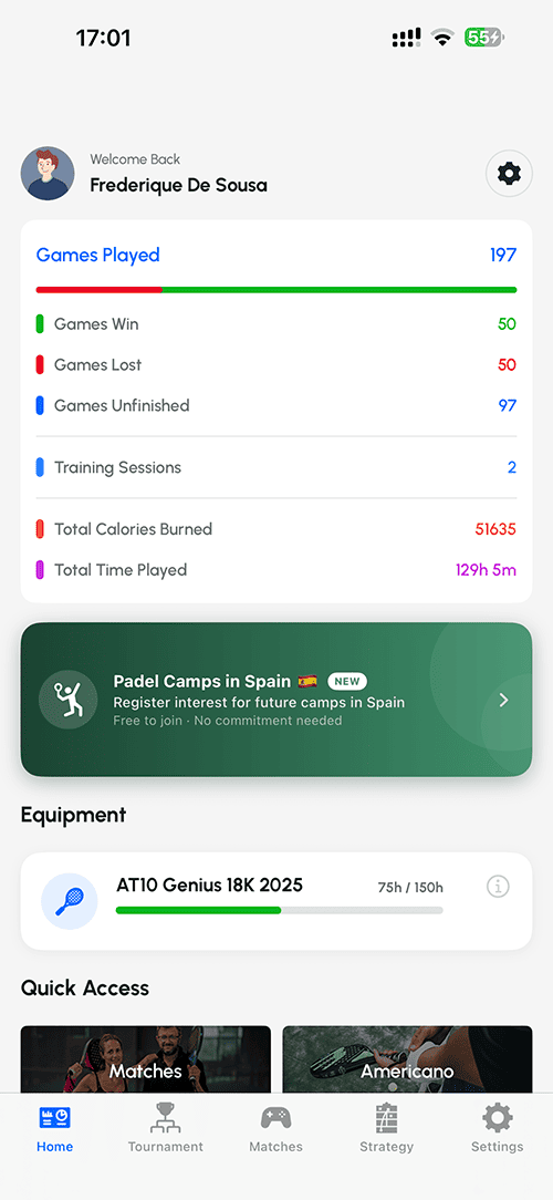 Padel Point home screen on iPhone